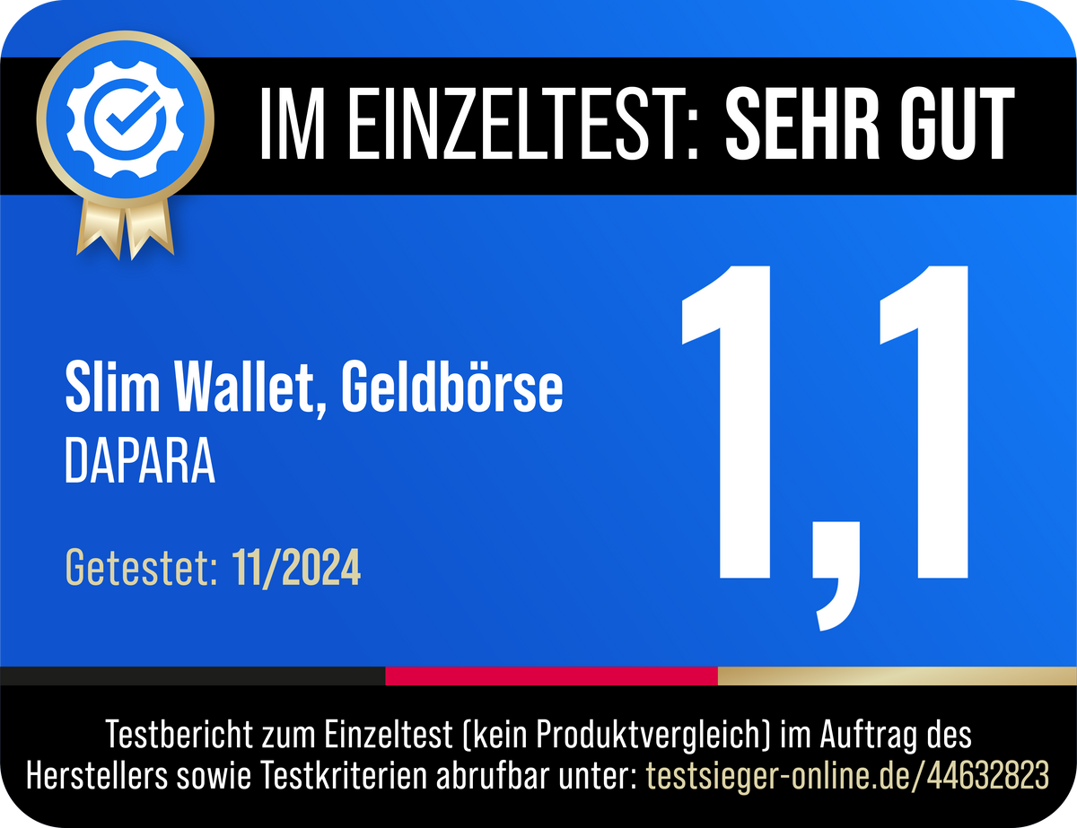 Testsiegel testsieger-online.de: Im Einzeltest Sehr gut (1,1) – Slim Wallet, Geldbörse DAPARA, getestet 11/2024, Testbericht zum Einzeltest (kein Produktvergleich) im Auftrag des Herstellers